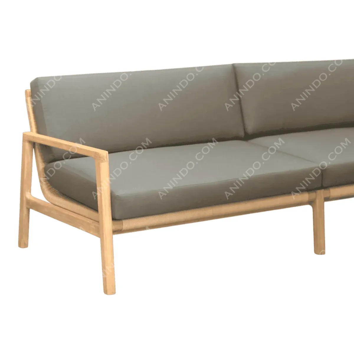Modern sofa with wooden frame and grey cushions.