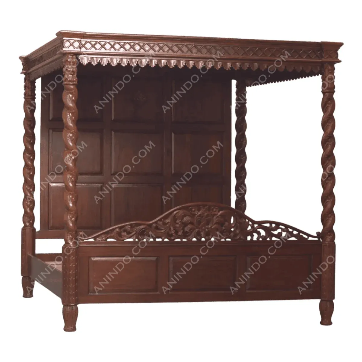Elegant wooden four-poster bed with intricate carvings.
