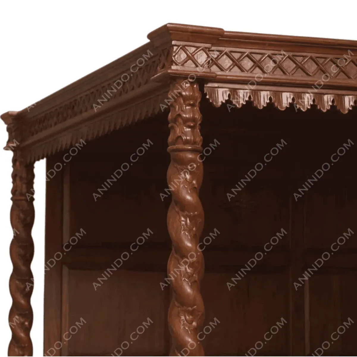 Detailed wooden furniture corner with ornate carvings.