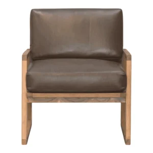 Modern brown leather chair with wooden frame.