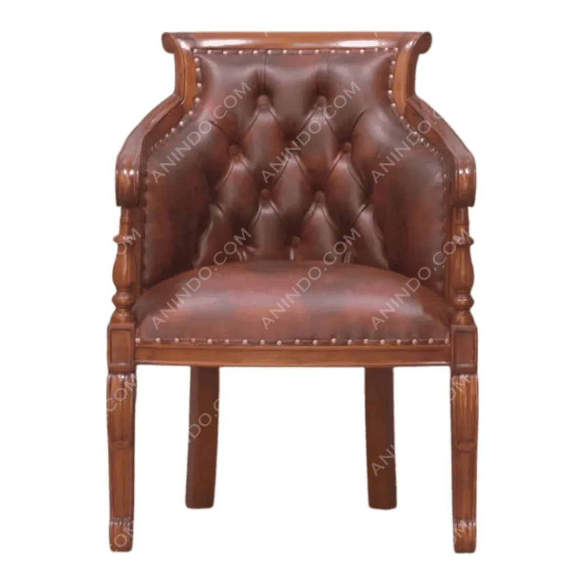Elegant brown leather armchair with tufted design.