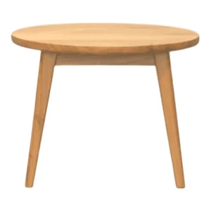 Round wooden table with tapered legs.