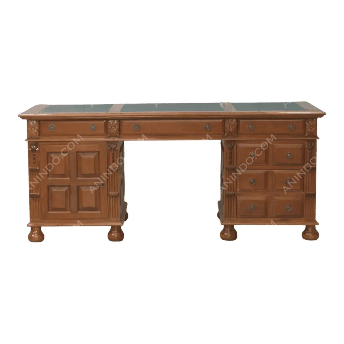 Elegant wooden desk with multiple drawers.