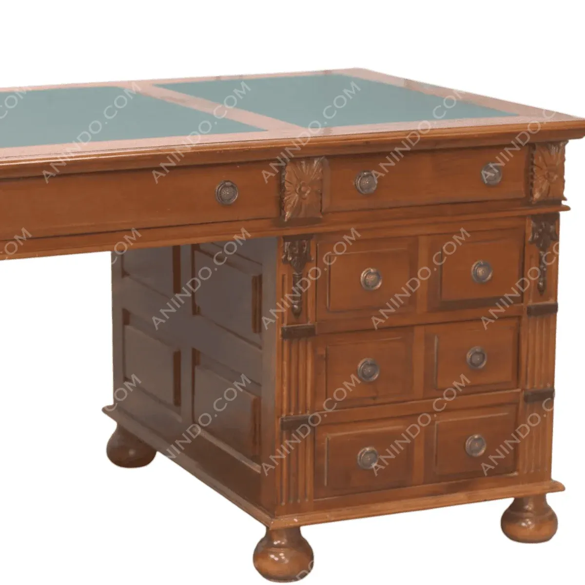 Elegant wooden desk with multiple drawers.