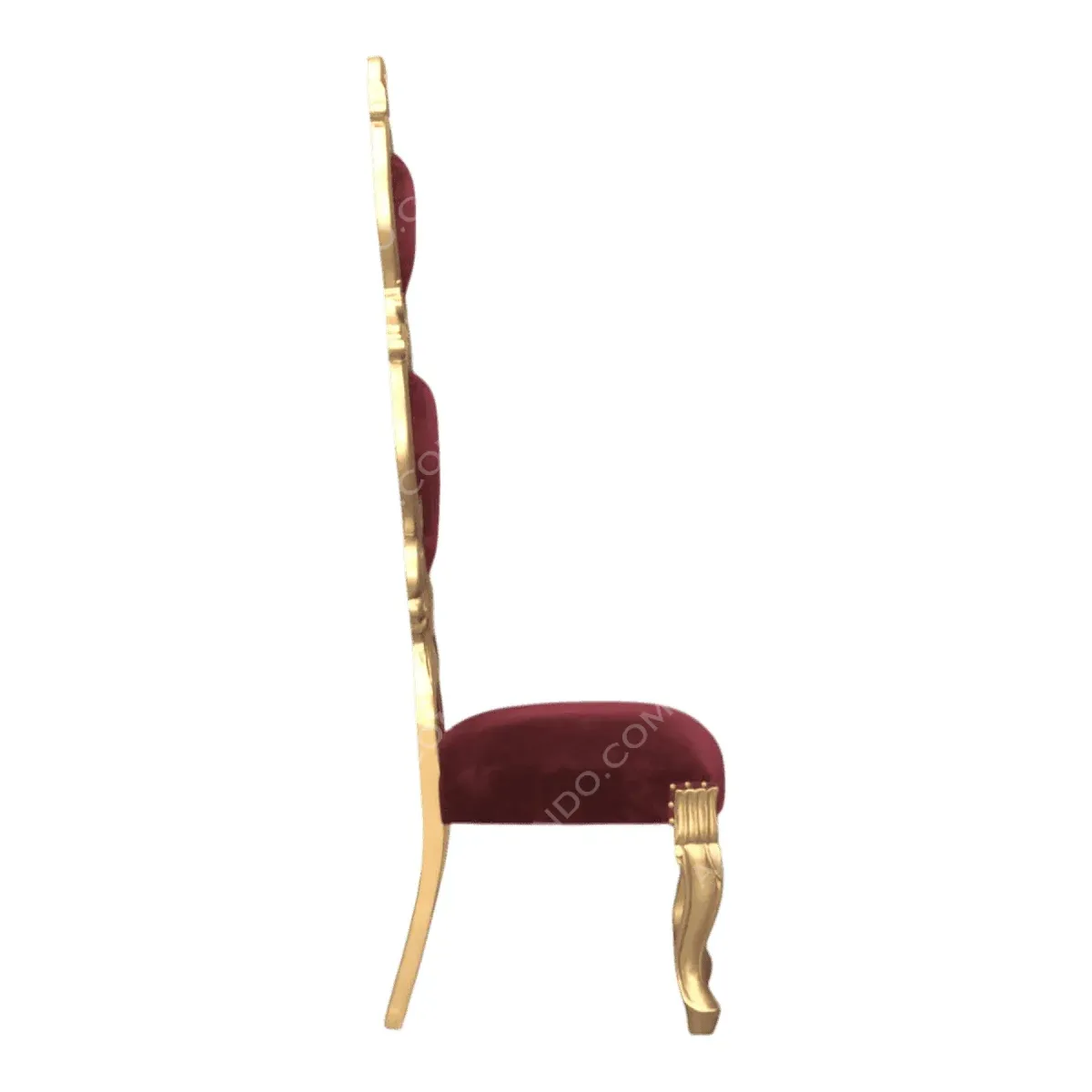 Elegant side view of a burgundy velvet chair.