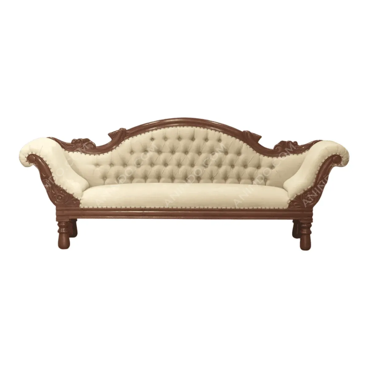 Elegant tufted cream sofa with wooden frame.