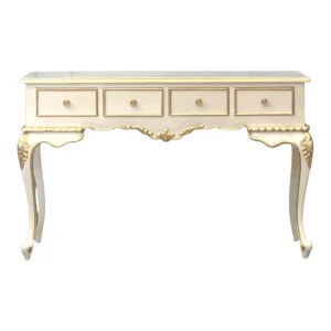 Elegant white and gold console table with drawers.
