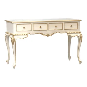 Elegant cream and gold console table with drawers.