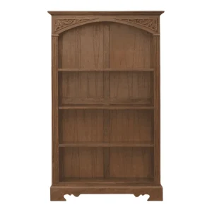 Wooden bookshelf with intricate top design