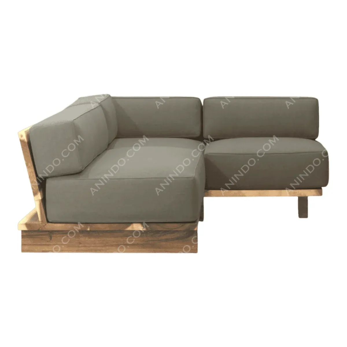 Modern gray sectional sofa with wooden base.