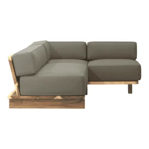 Modern gray sectional sofa with wooden base.