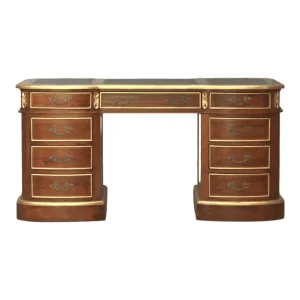 Elegant wooden desk with multiple drawers.