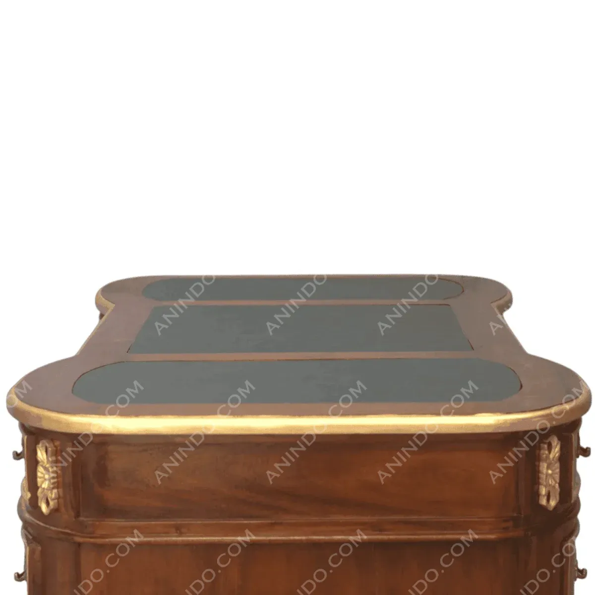 Elegant wooden table with gold accents.