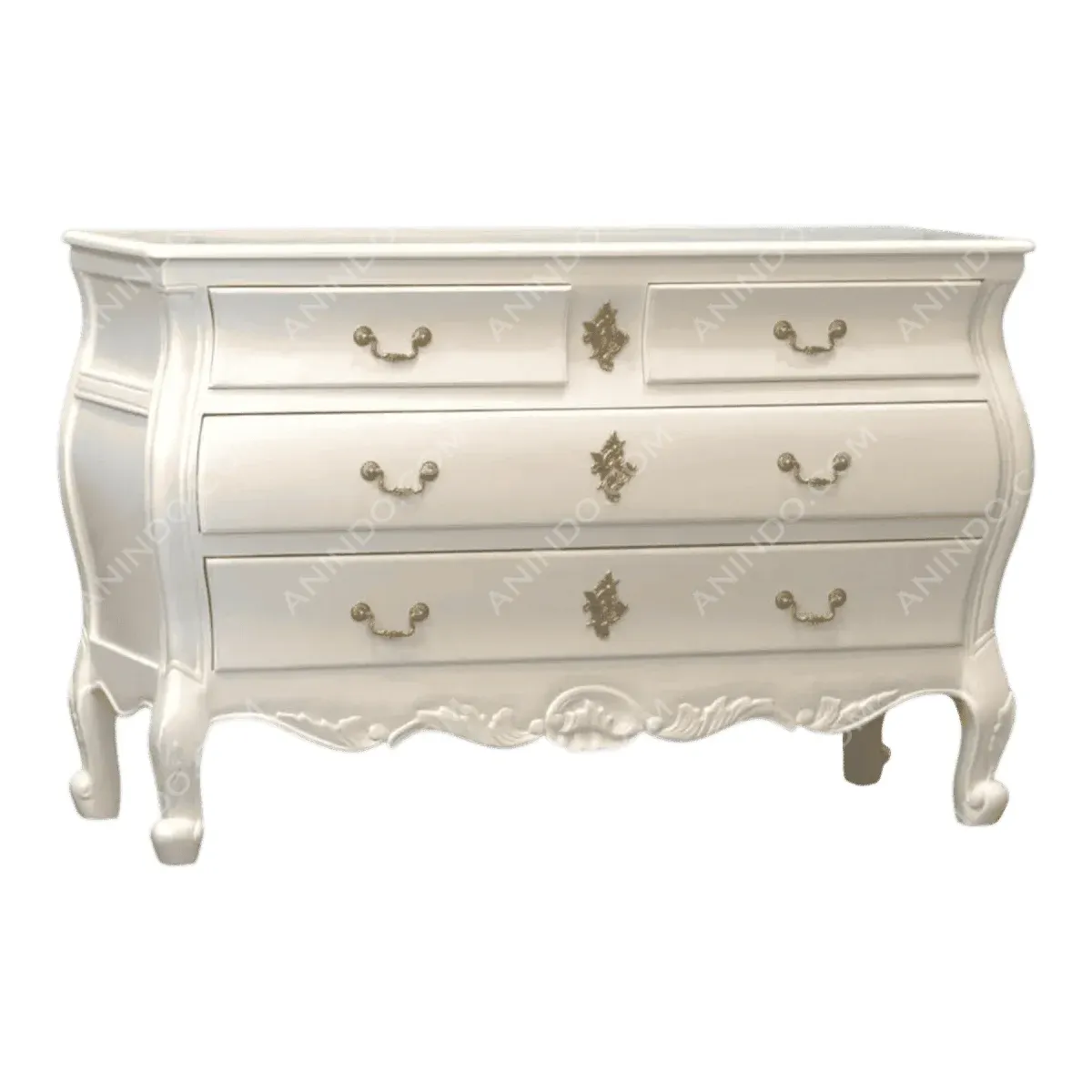Elegant white dresser with gold handles and details.