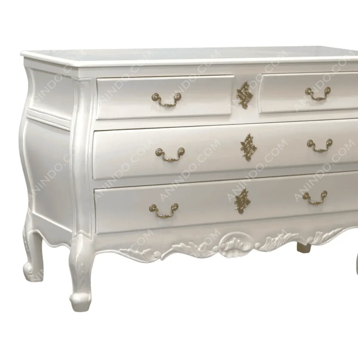 Elegant white dresser with gold accents.