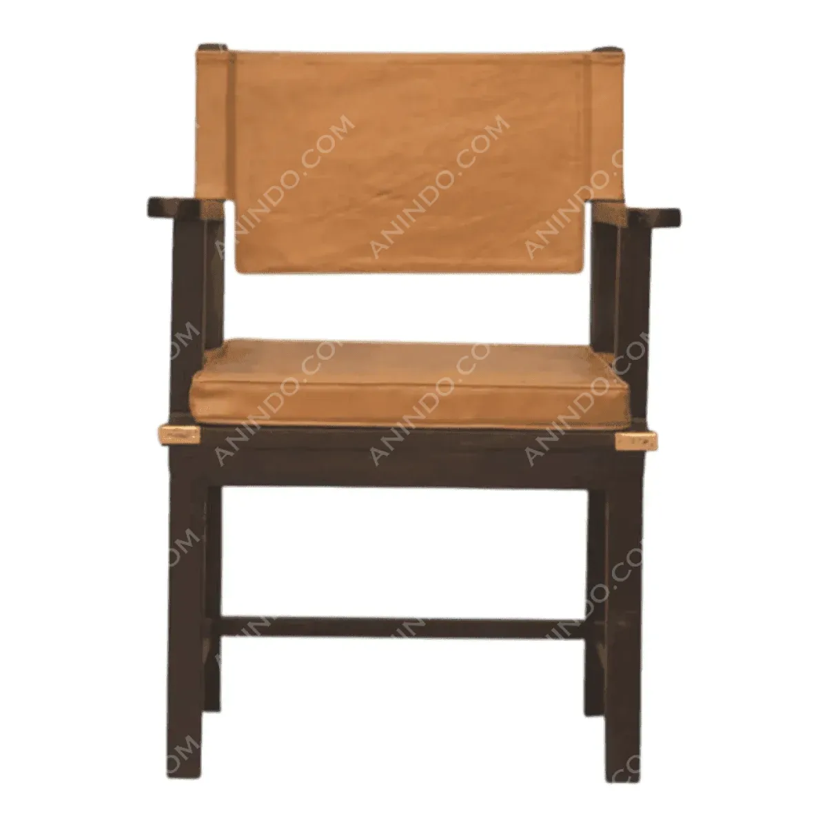Modern wooden chair with tan leather seat.