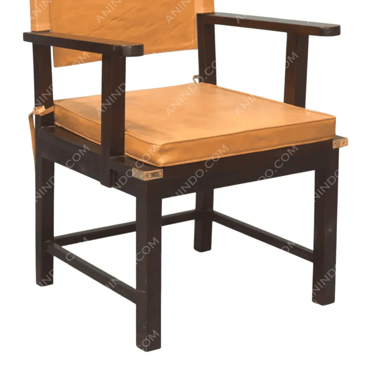 Stylish brown leather armchair with wooden frame.