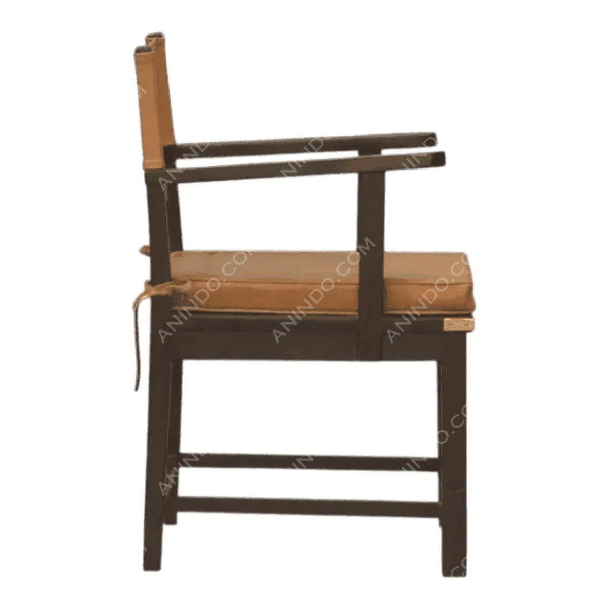 Side view of a stylish wooden chair.