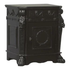 Elegant black nightstand with ornate details.