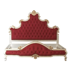 Elegant red and gold upholstered bed frame.