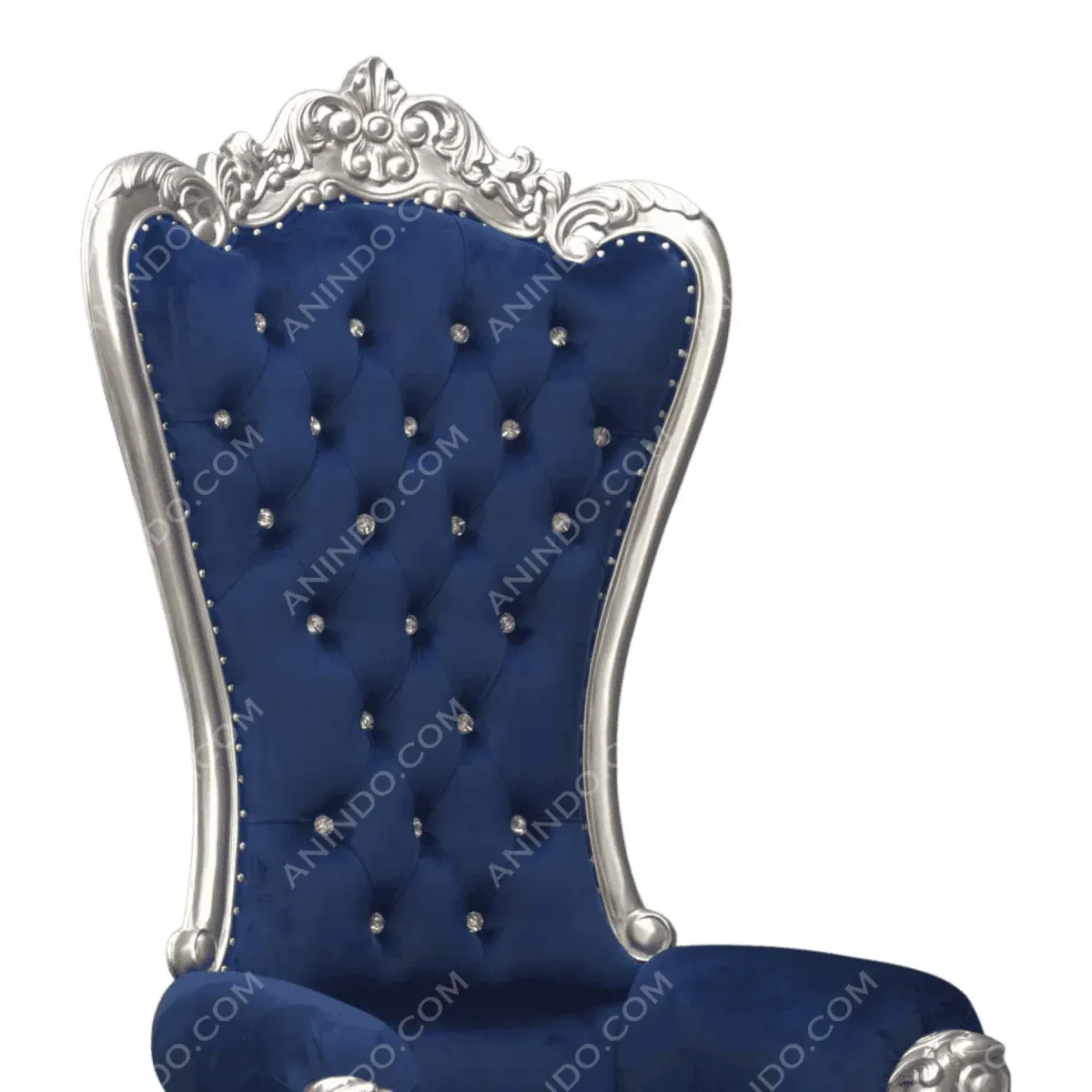 Elegant blue tufted throne chair with silver accents.