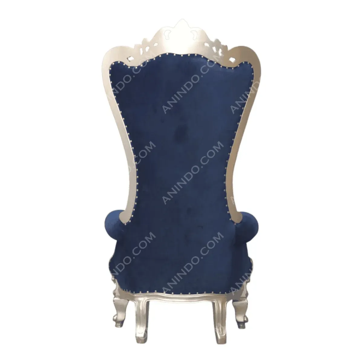 Elegant navy blue chair with ornate silver trim.