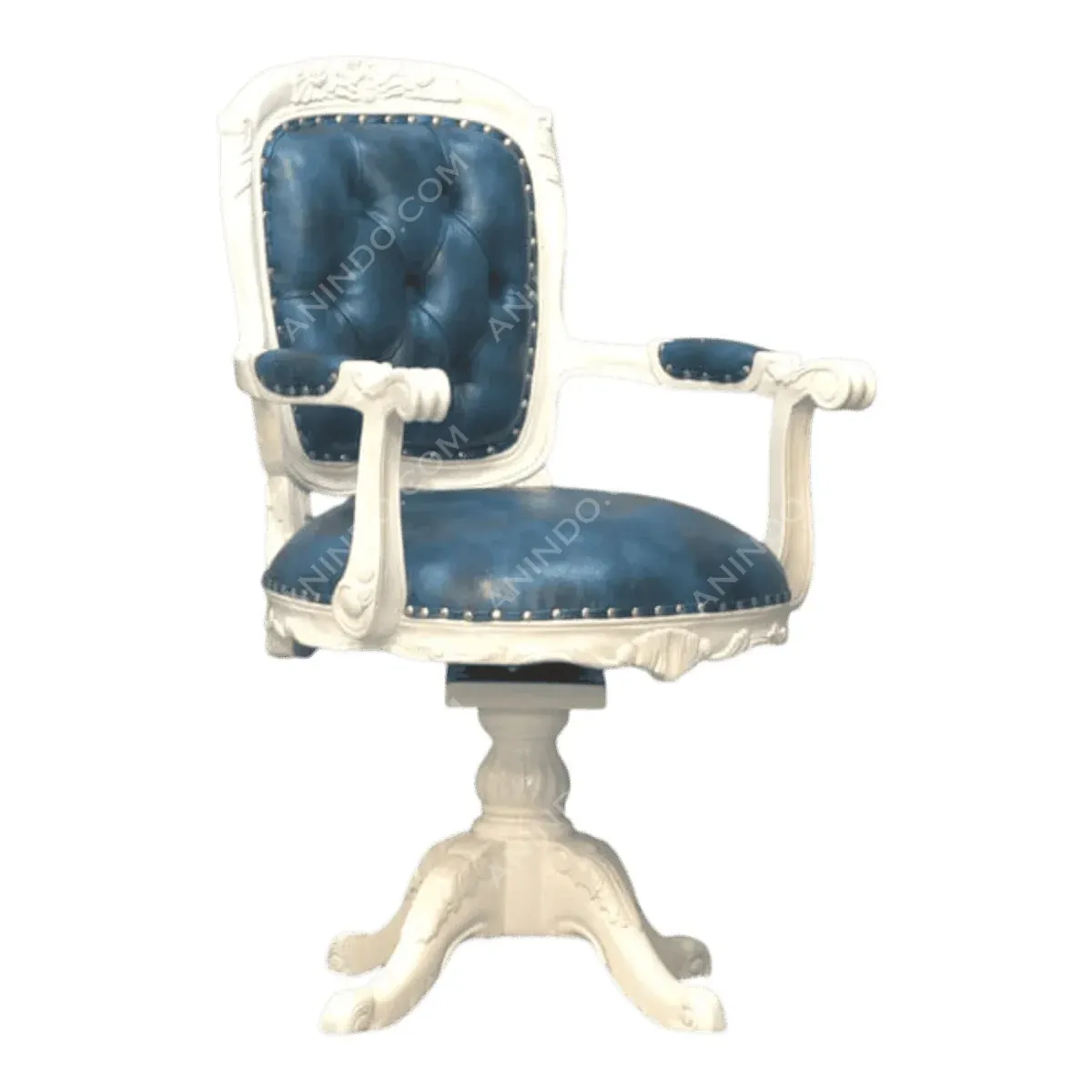 Elegant blue upholstered swivel chair with white frame.