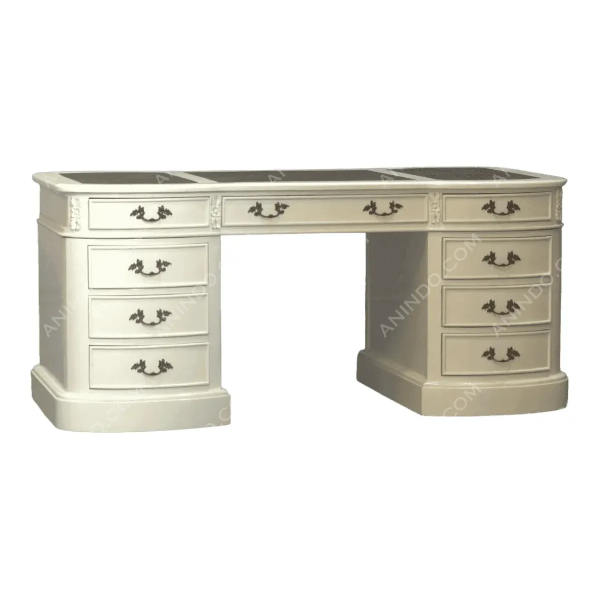 Elegant white wooden desk with multiple drawers.