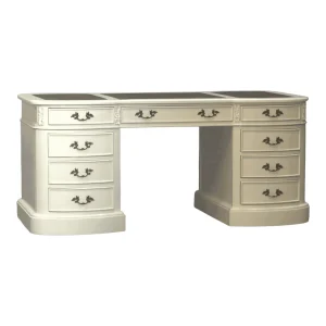 Elegant white wooden desk with multiple drawers.