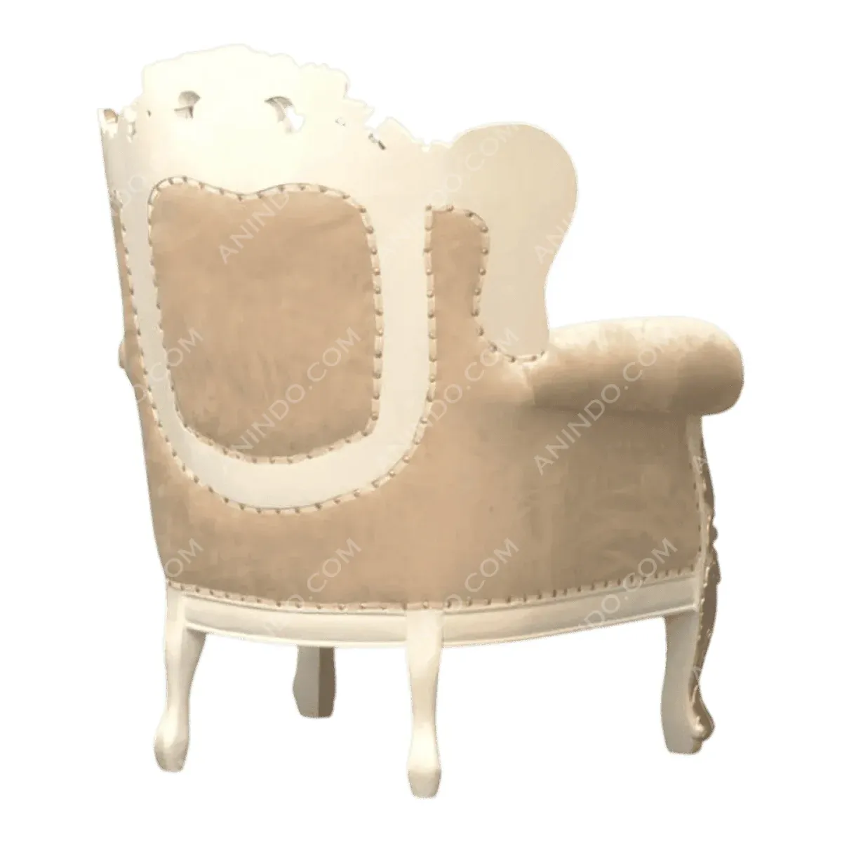 Elegant velvet chair with intricate white detailing.