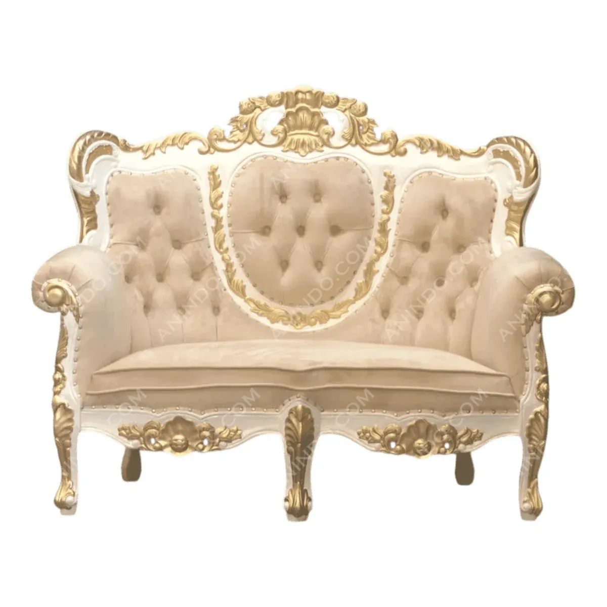 Elegant vintage sofa with gold accents and tufted fabric.