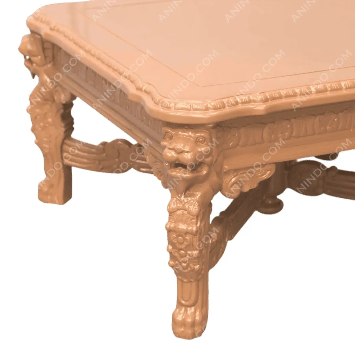 Intricately carved wooden table with lion legs.