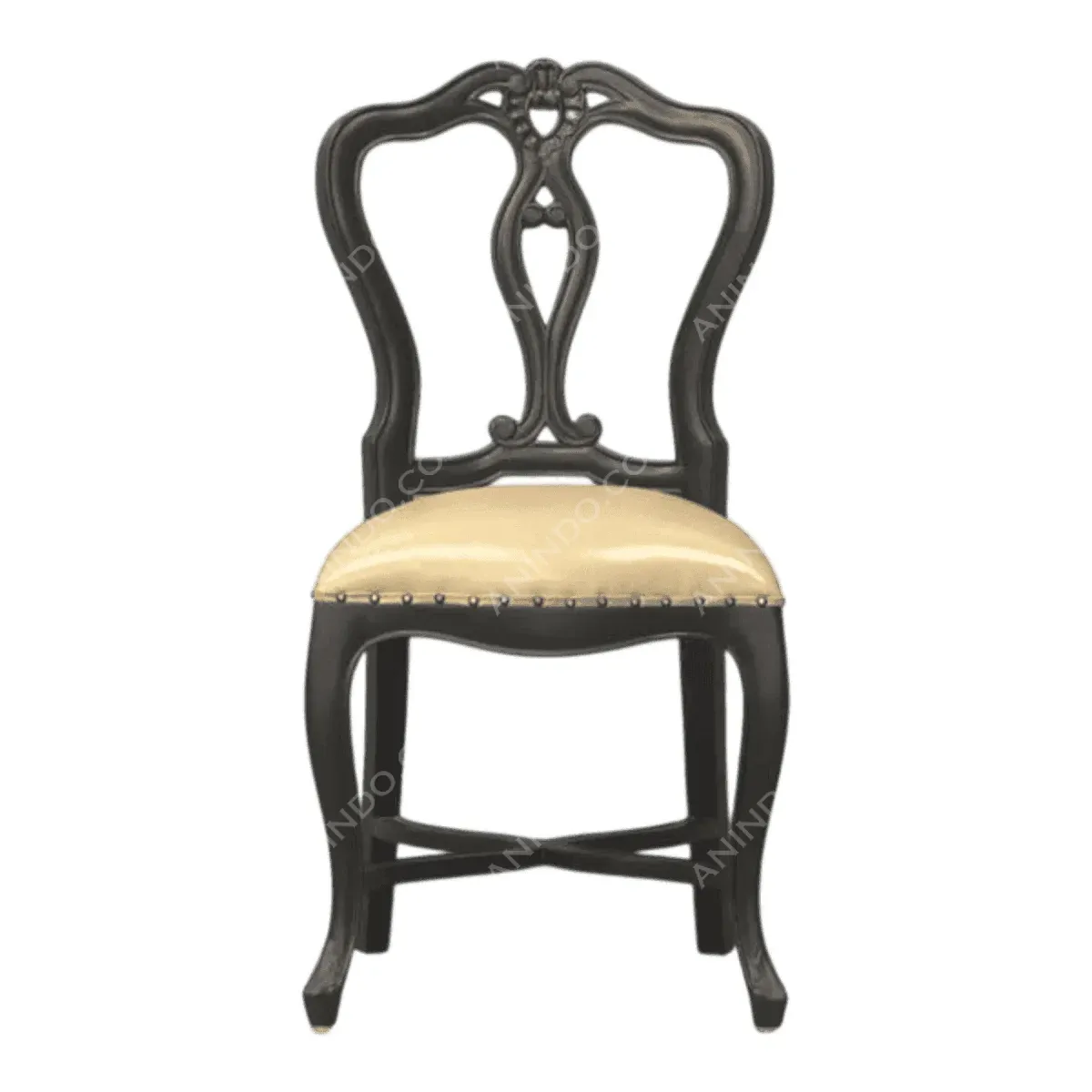 Elegant black chair with beige cushion.
