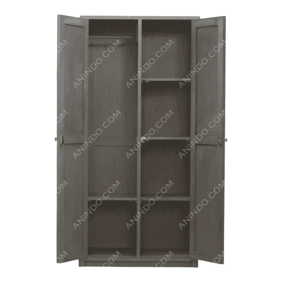 Open gray wooden cabinet with shelves