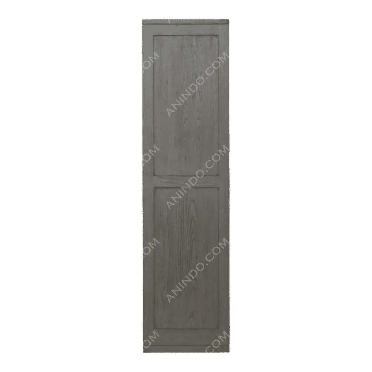 Tall gray wooden door with panel design.