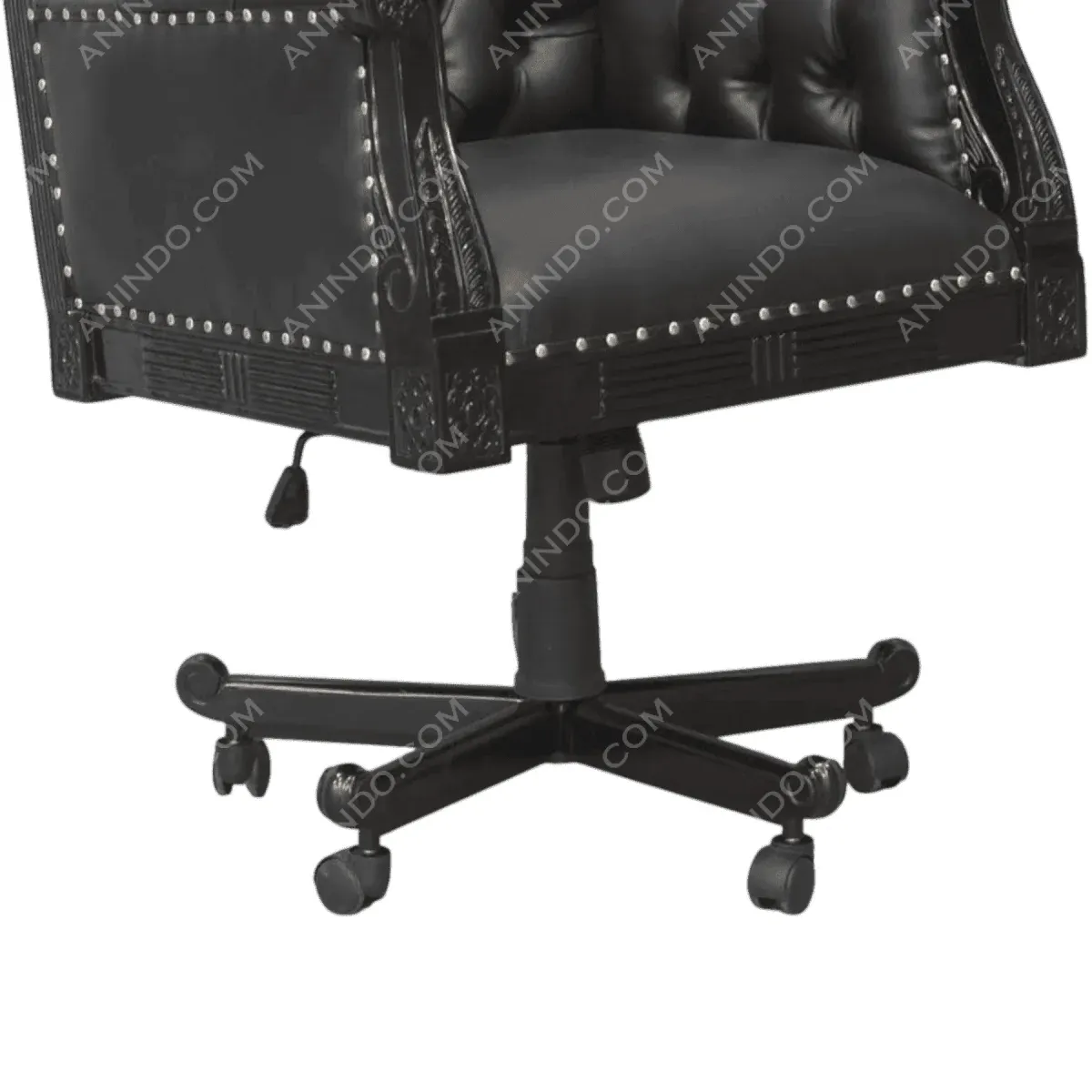 Elegant black tufted office chair with wheels.