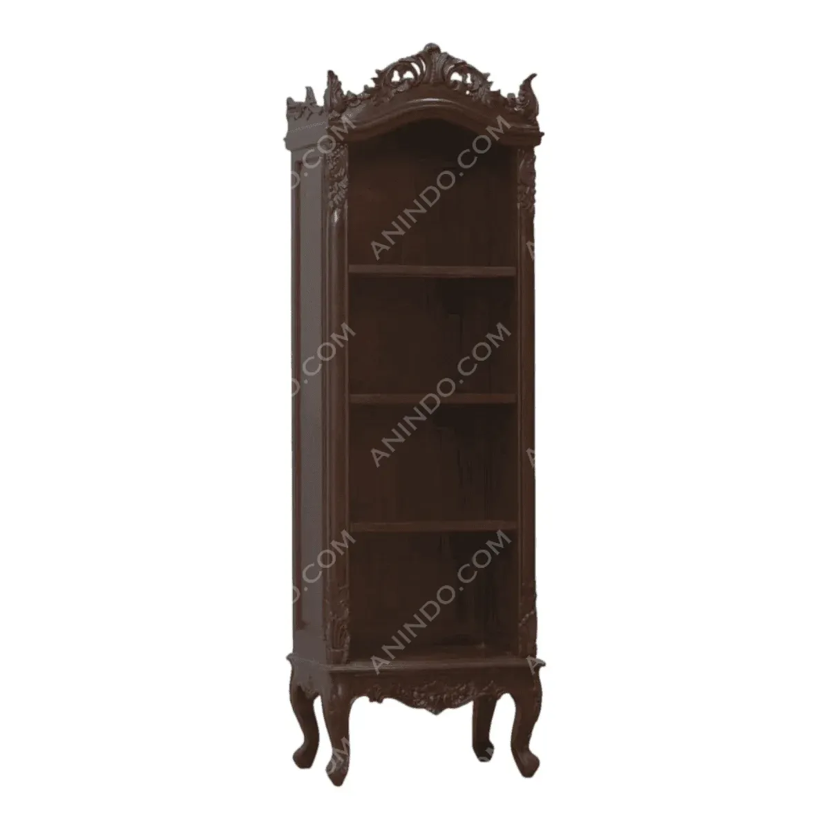 Elegant brown wooden bookshelf with ornate design.