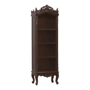 Elegant brown wooden bookshelf with ornate design.