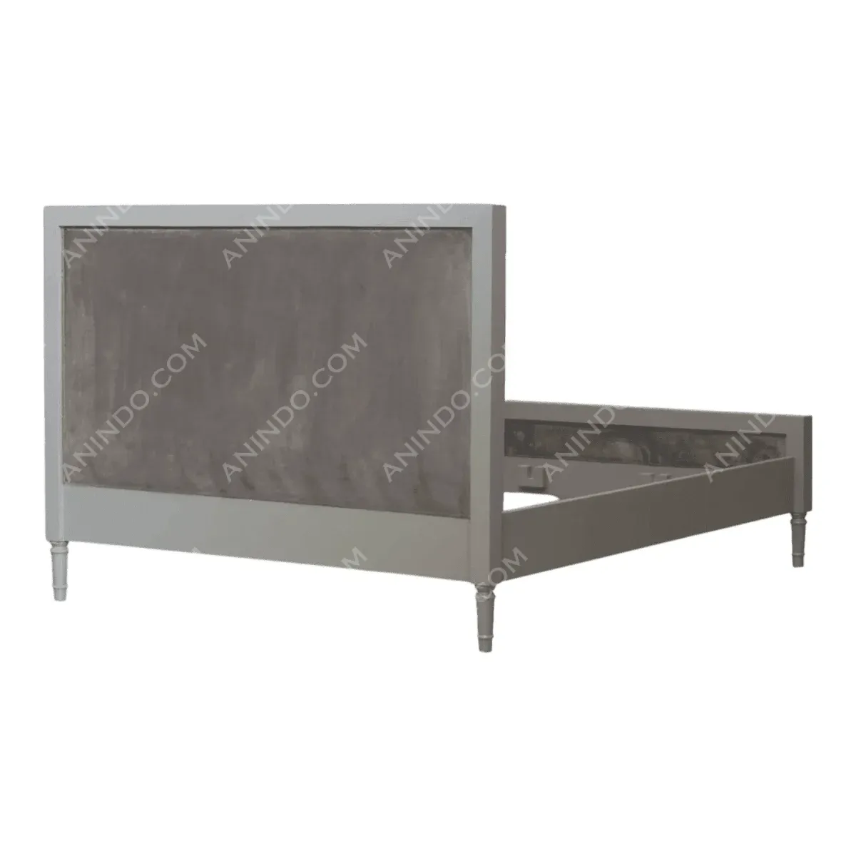 Modern bed frame with minimalist design and gray headboard.