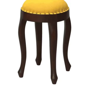 Elegant wooden stool with yellow cushion seat.