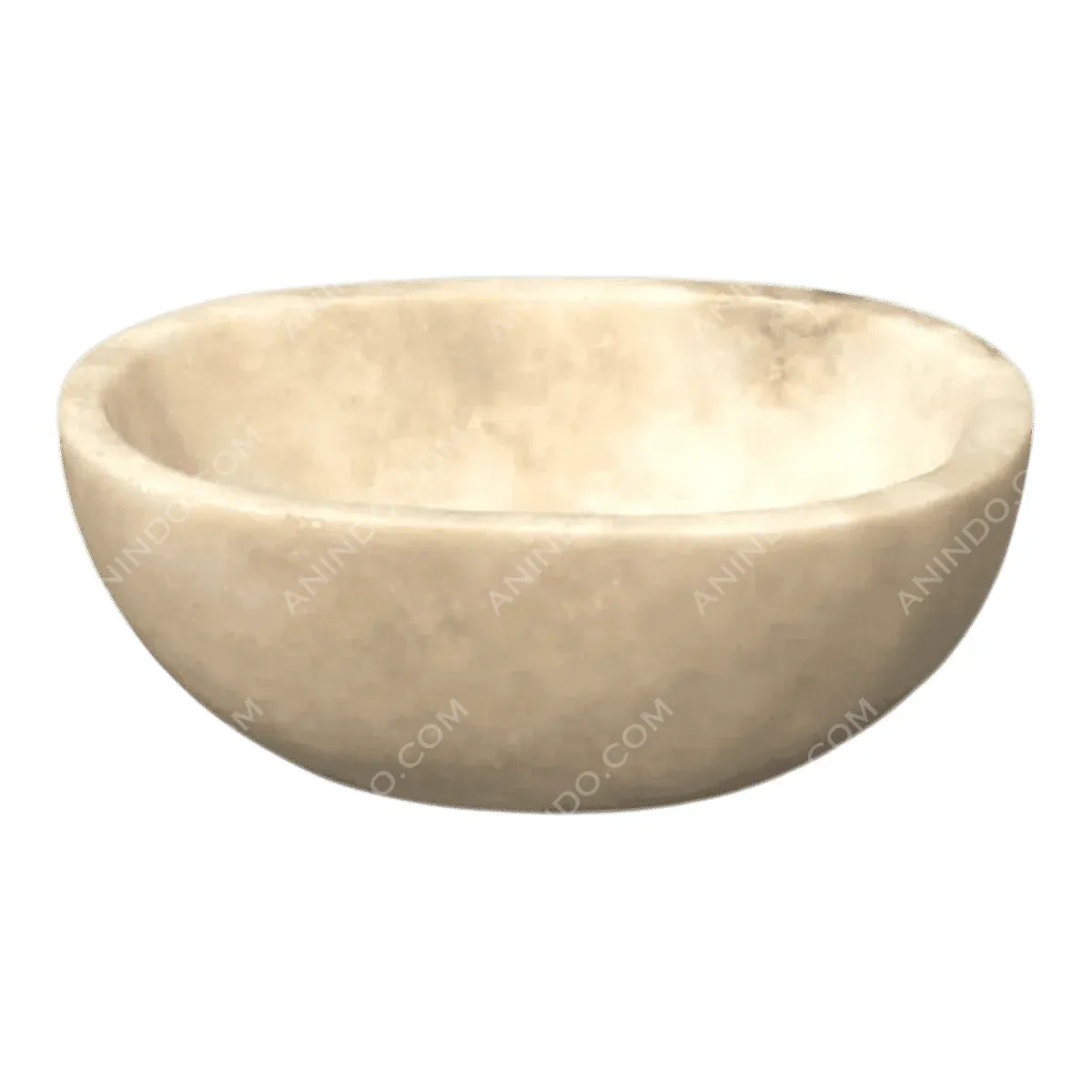 Round beige stone bowl on white background.