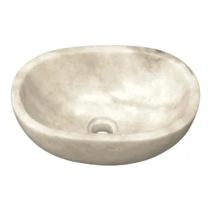Elegant oval marble sink in neutral color.