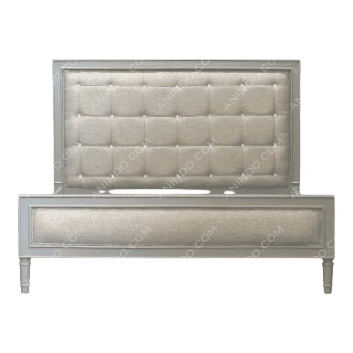 Elegant tufted bed frame with soft fabric upholstery.