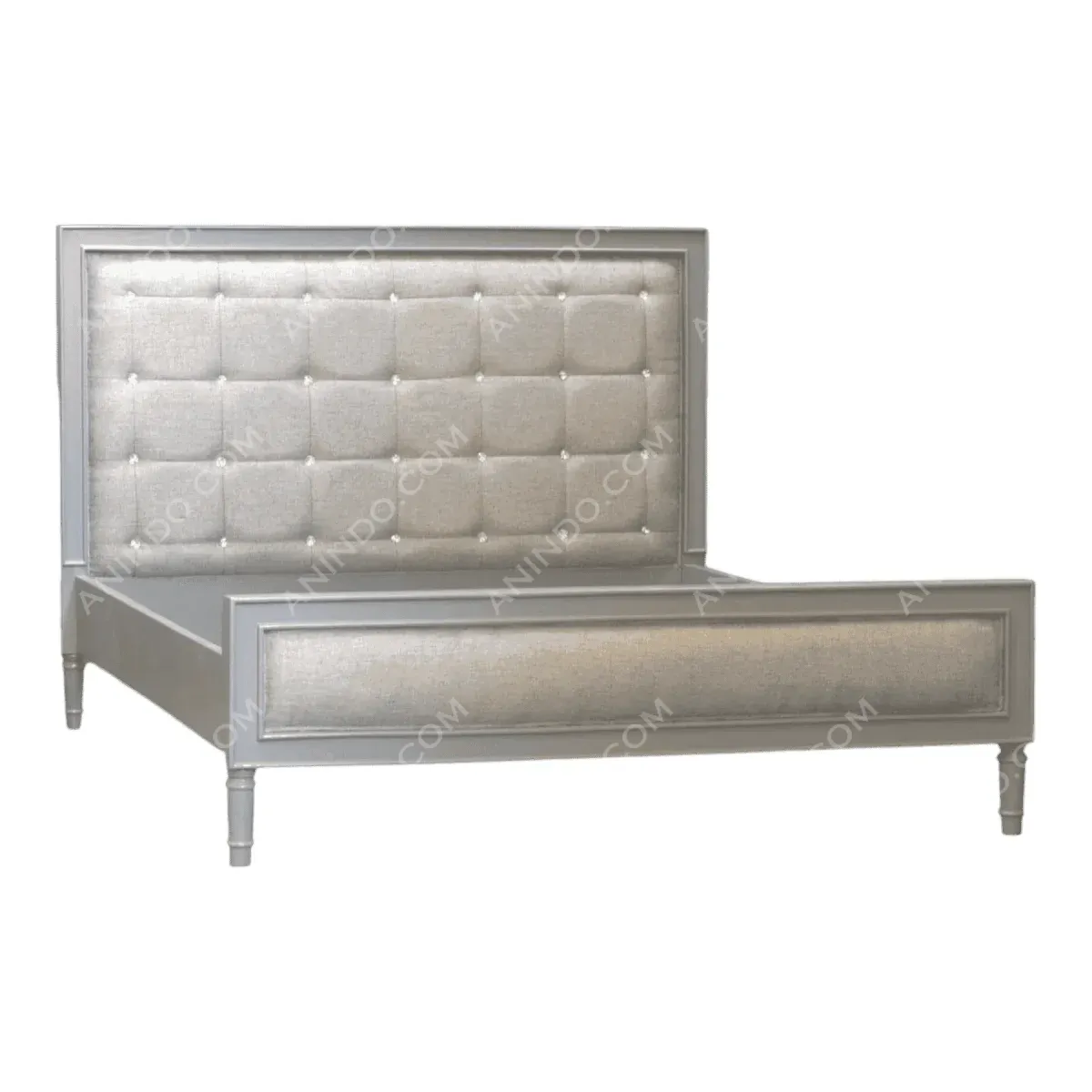 Elegant silver upholstered bed with tufted headboard.