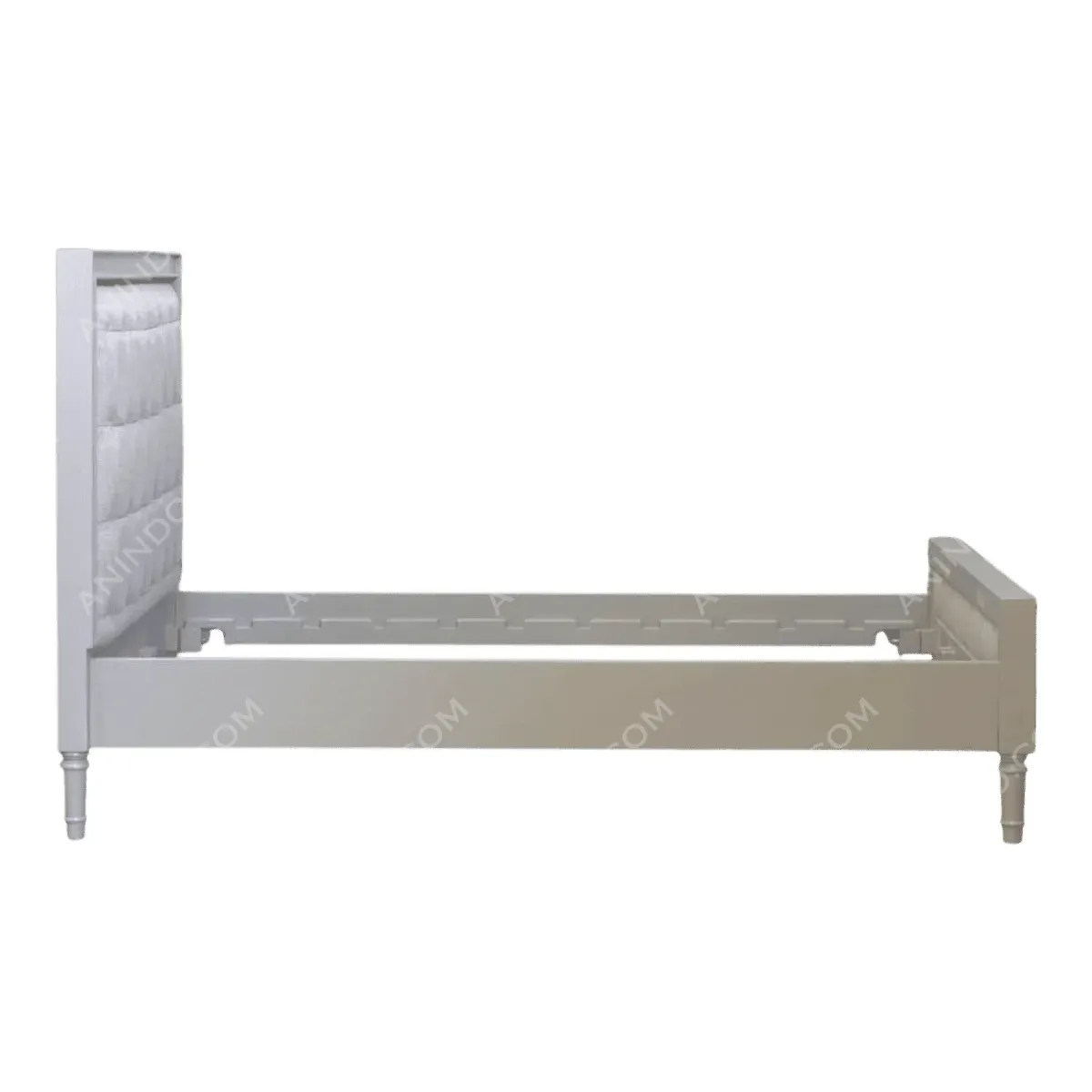 Modern gray bed frame with upholstered headboard.