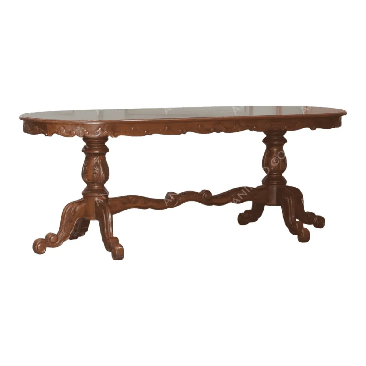 Elegant wooden oval dining table with ornate legs.