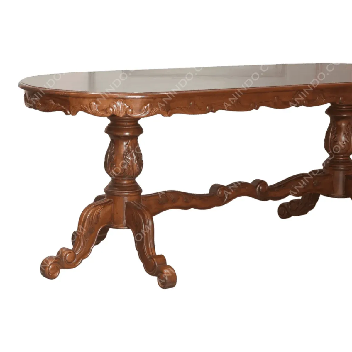 Elegant wooden table with ornate legs and design.