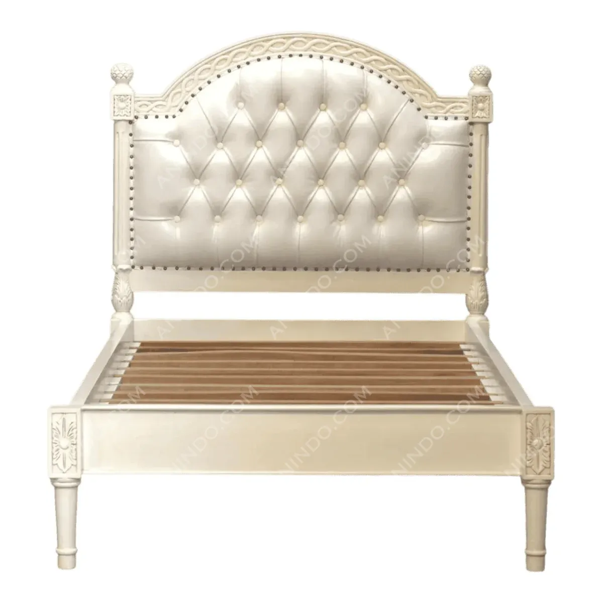 Elegant white tufted bed with wooden slats