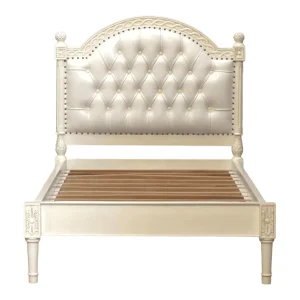 Elegant white tufted bed with wooden slats