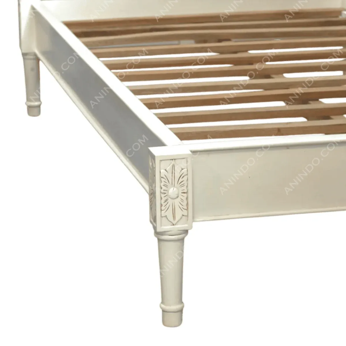 Elegant white bed frame with wooden slats.
